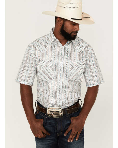 Image #1 - Rough Stock By Panhandle Men's Southwestern Stripe Short Sleeve Pearl Snap Western Shirt , Turquoise, hi-res