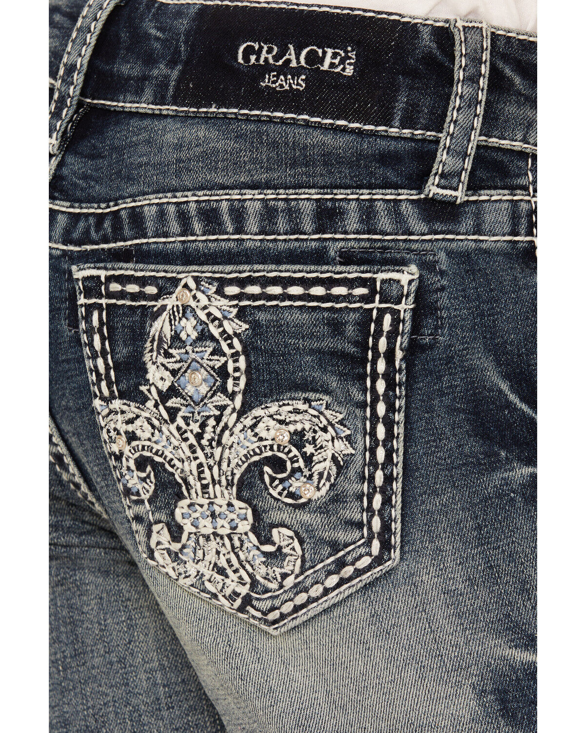 Image #2 - Grace In LA Girls' Dark Wash Fleur De Lis Bootcut Stretch Denim Jeans, Blue, hi-res