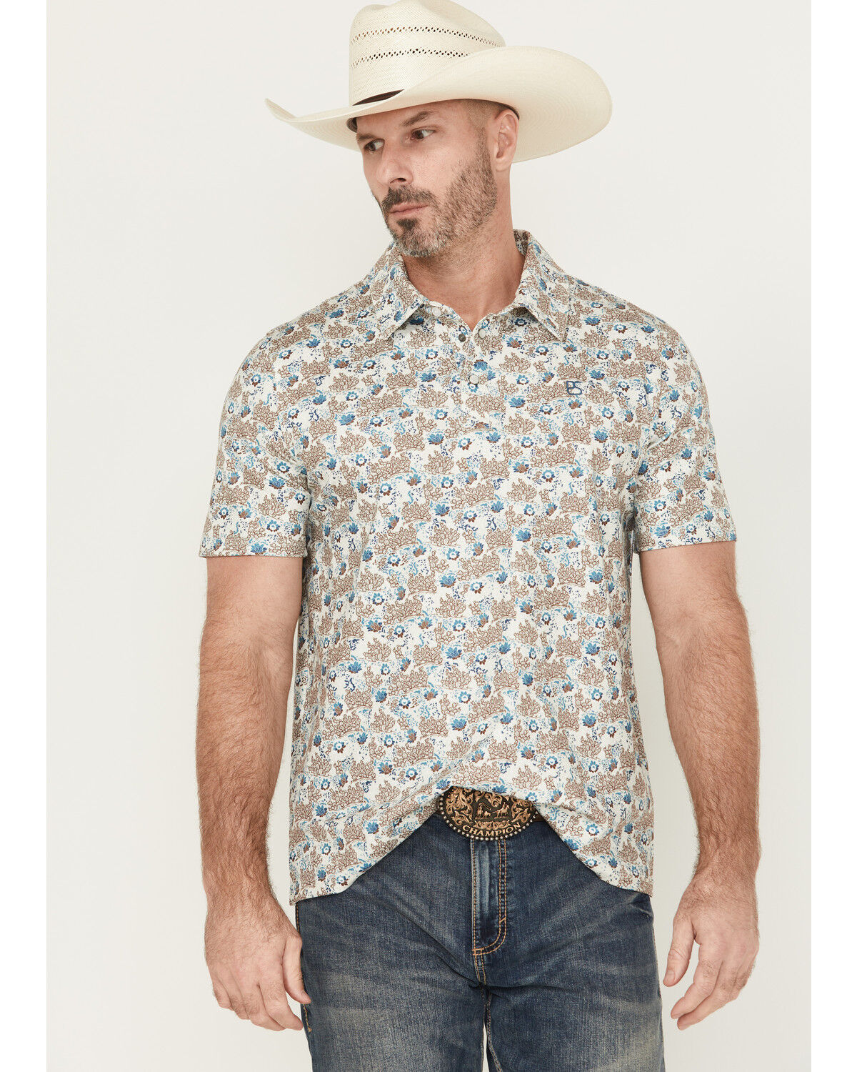 Image #1 - Panhandle Men's Cactus Print Short Sleeve Snap Performance Polo, Natural, hi-res