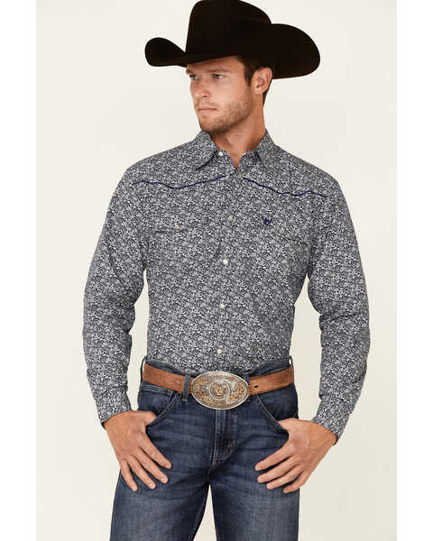 Cowboy Hardware Men's Paisley Print Long Sleeve Pearl Snap Western Shirt , Blue, hi-res