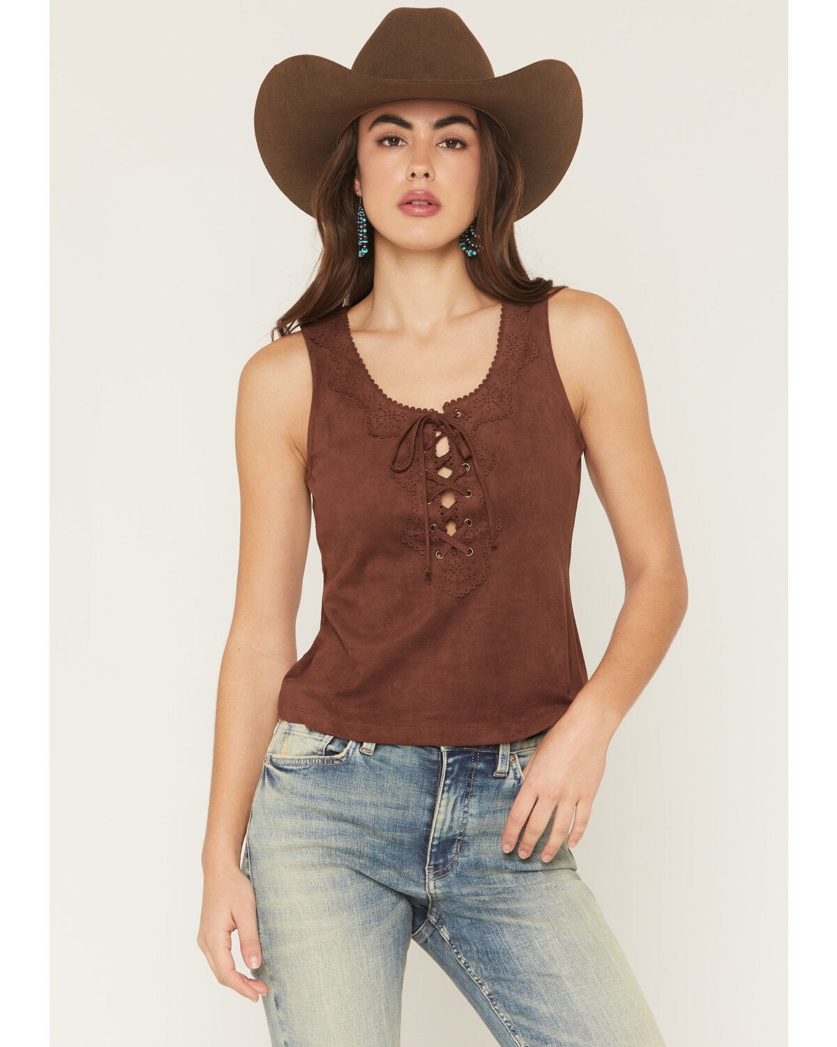 Shyanne Women's Cut Out Tie-Front Tank, Chocolate, hi-res