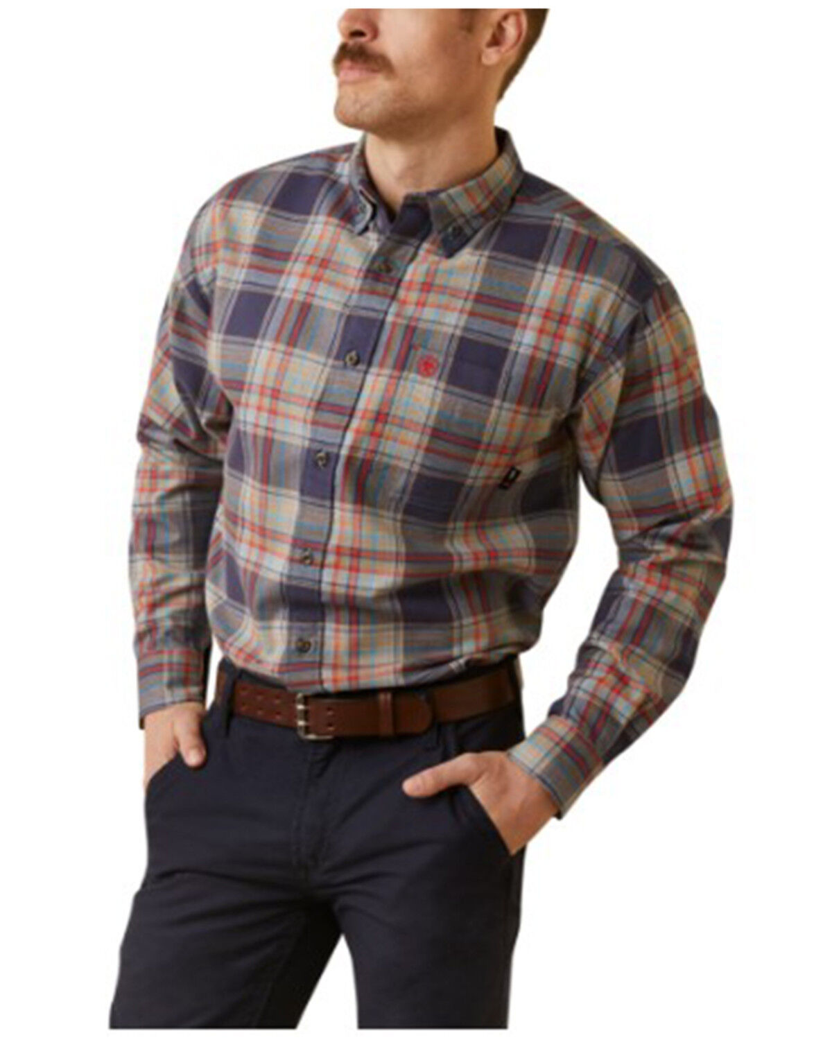 Image #1 - Ariat Men's FR Kane Plaid Print Long Sleeve Button-Down Work Shirt, Navy, hi-res