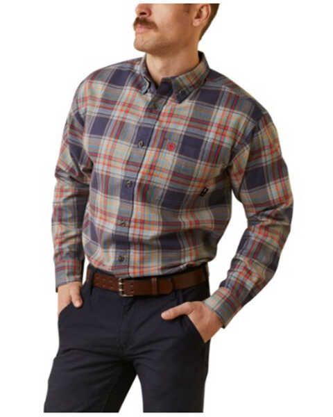 Image #1 - Ariat Men's FR Kane Plaid Print Long Sleeve Button-Down Work Shirt , Navy, hi-res