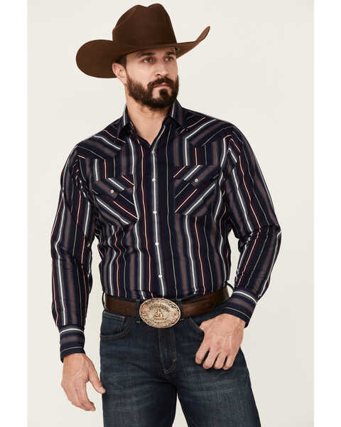 Ely Walker Men's Striped Long Sleeve Snap Western Shirt , Navy, hi-res