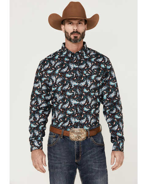 RANK 45 Men's Rodeo Large Paisley Print Long Sleeve Button Down Western Shirt , Blue, hi-res