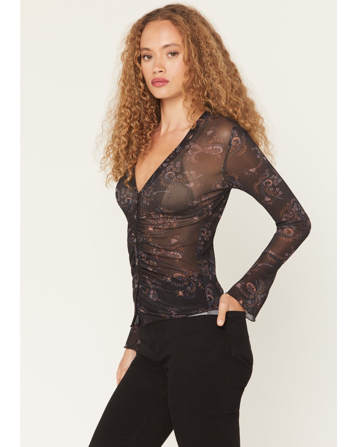 Image #2 - Idyllwind Women's Penny Paisley Print Bell Sleeve Button-Down Mesh Shirt, Black, hi-res