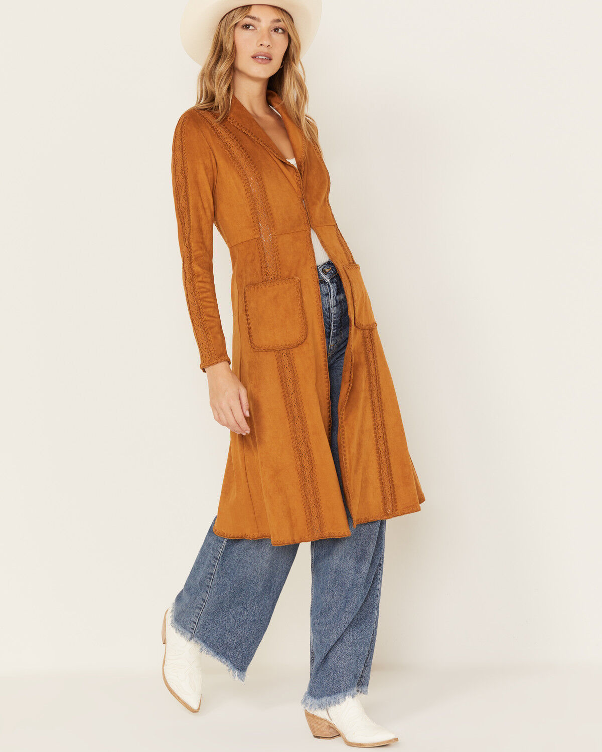 Image #2 - Shyanne Women's Faux Suede Crochet Duster Jacket, Caramel, hi-res