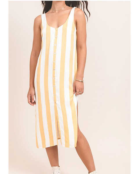 Image #1 - Others Follow Women's Mustard Stripe Button Foxtrot Dress, Dark Yellow, hi-res