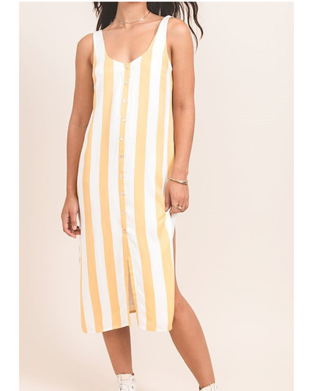 Image #1 - Others Follow Women's Mustard Stripe Button Foxtrot Midi Dress, Dark Yellow, hi-res
