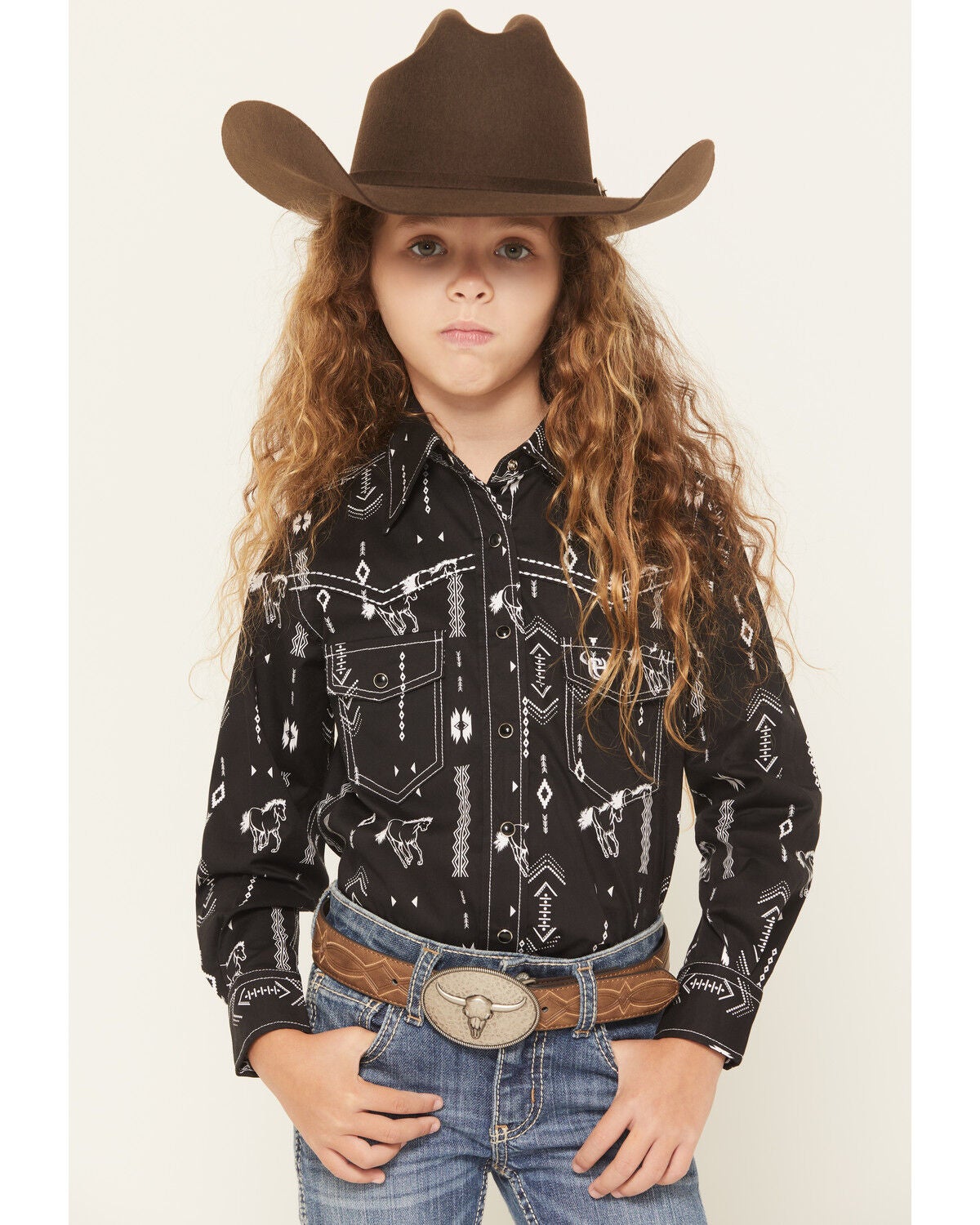 Image #1 - Cowgirl Hardware Girls' Horse Southwest Long Sleeve Snap Stretch Western Shirt, Black, hi-res
