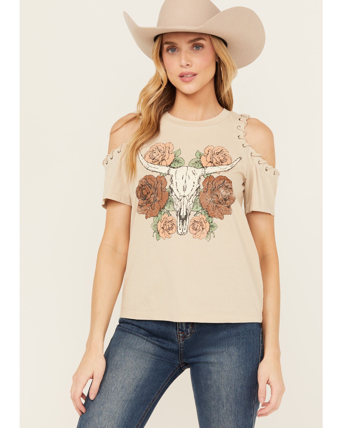 Shyanne Women's Cold Shoulder Steerhead Graphic Tee, Taupe, hi-res