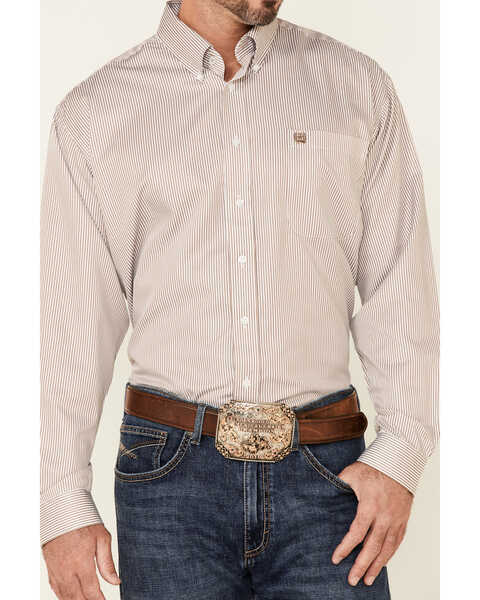 Image #3 - Cinch Men's Tencel Mini Stripe Long Sleeve Button-Down Western Shirt , Beige/khaki, hi-res