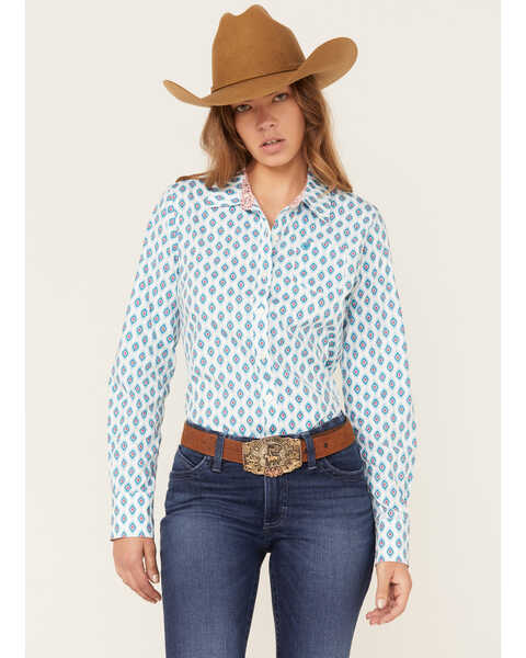 Image #1 - Ariat Women's Kirby Day Dreamer Print Button Down Long Sleeve Western Shirt, Blue/white, hi-res