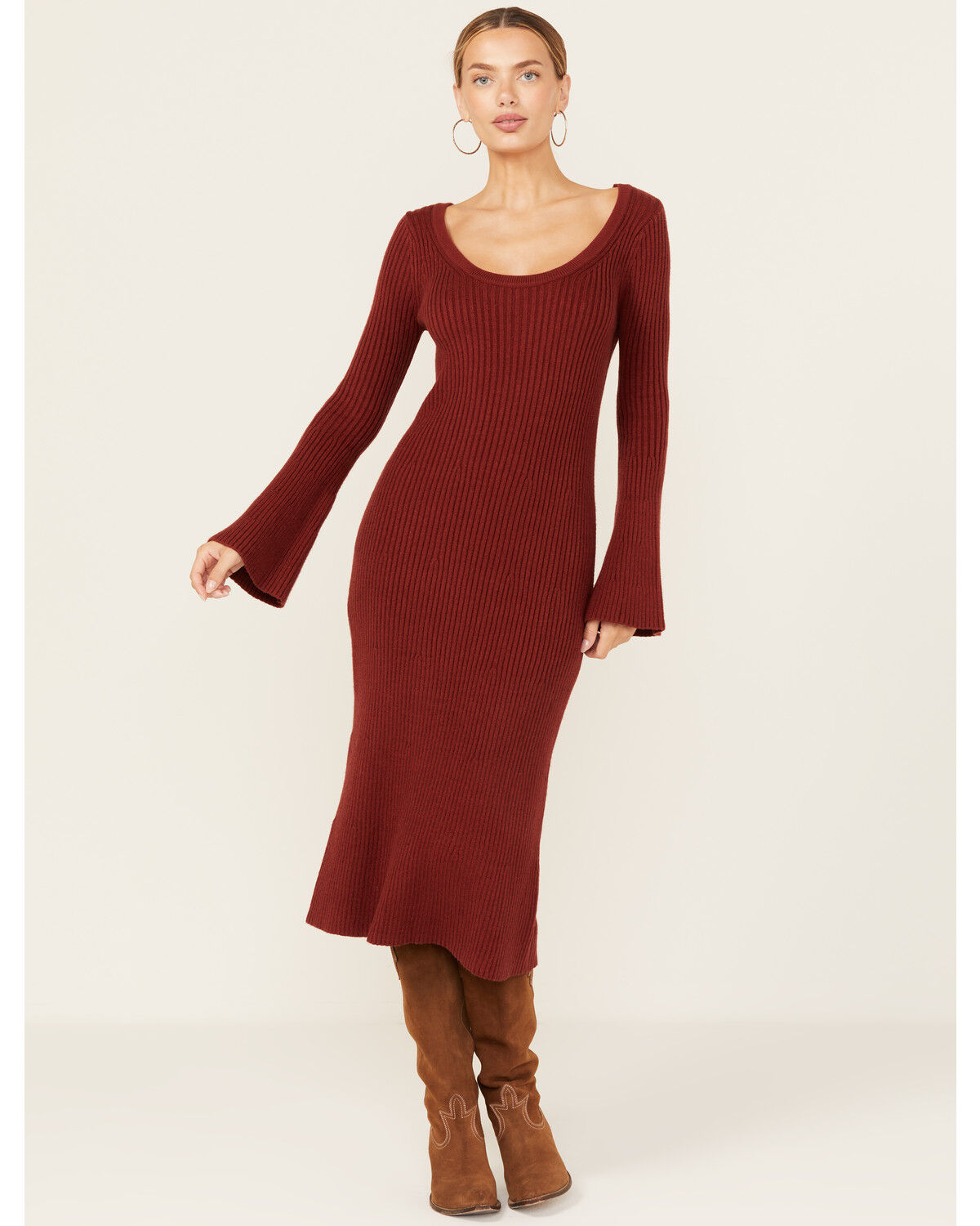 Image #1 - Revel Women's Solid Bell Sleeve Sweater Midi Dress, Rust Copper, hi-res