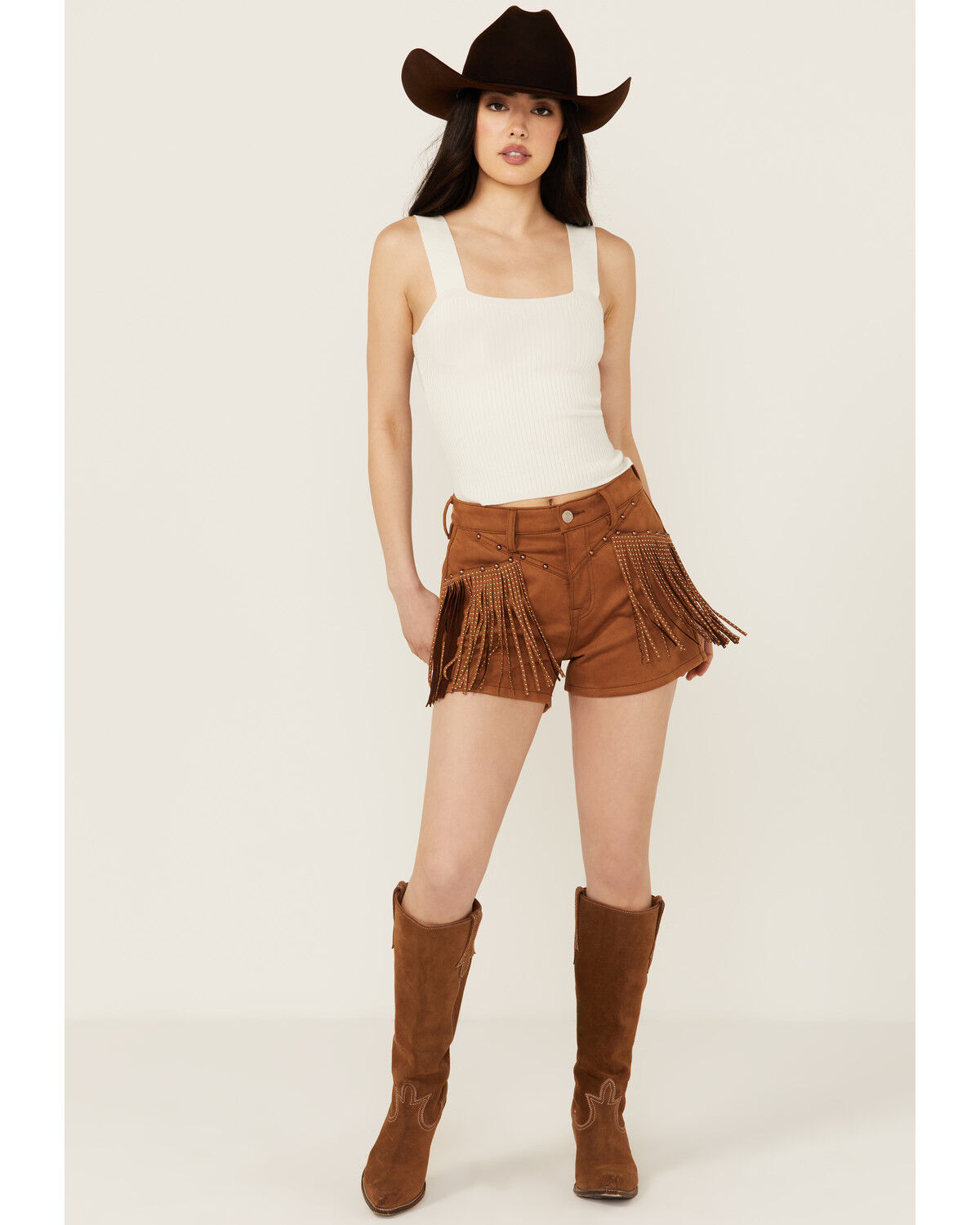 Image #1 - Rock & Roll Denim Women's High Rise Faux Suede Fringe Shorts, Camel, hi-res