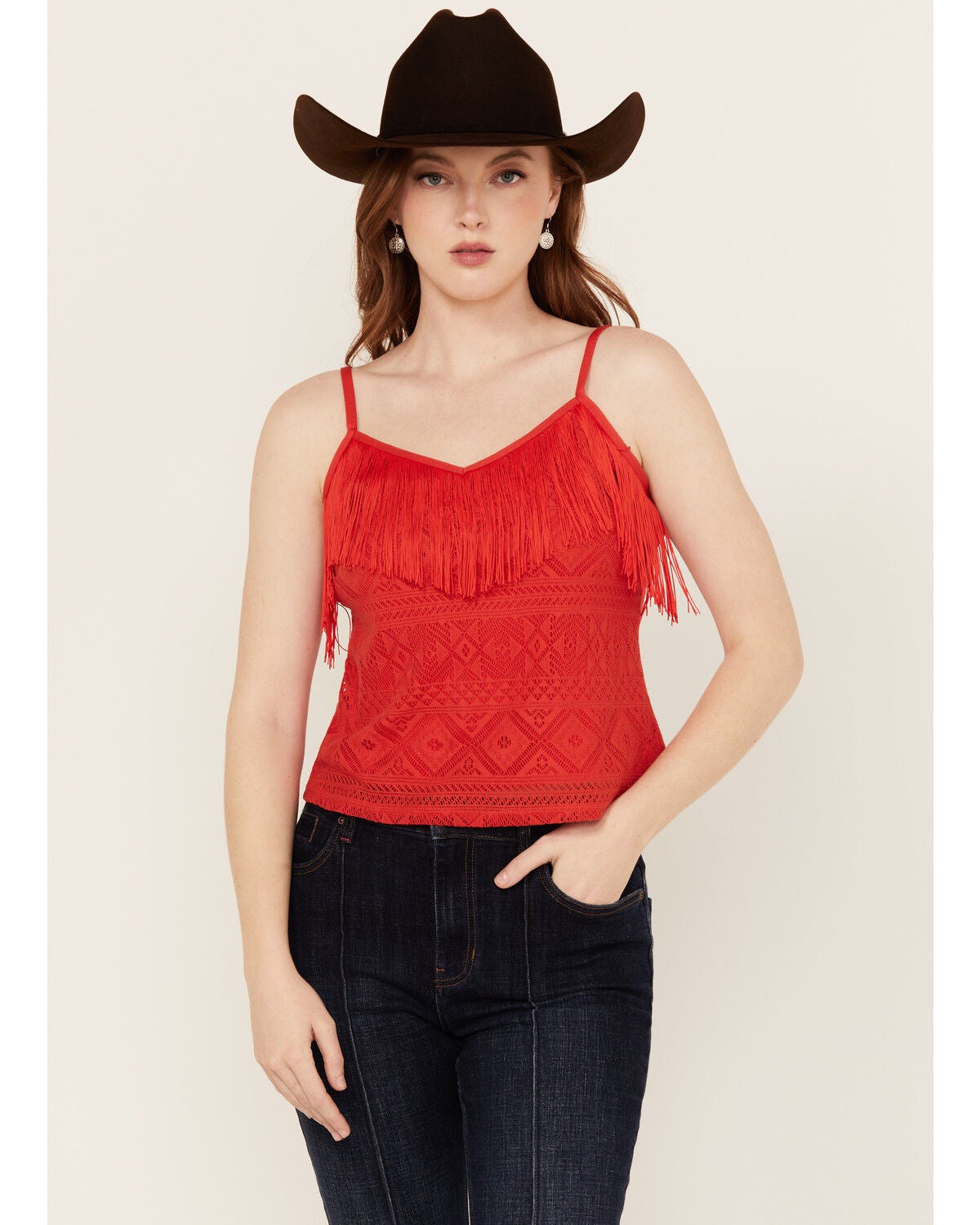 Idyllwind Women's Redmond Lace Fringe Cami, Dark Orange, hi-res