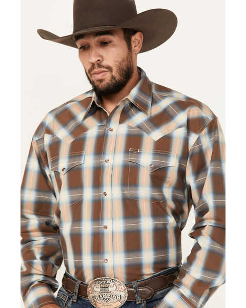 Image #2 - Stetson Men's Plaid Print Long Sleeve Pearl Snap Western Shirt, Brown, hi-res