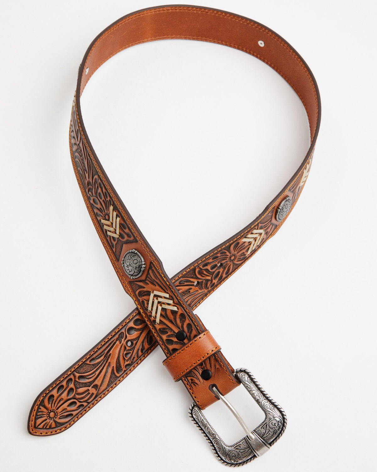 Image #2 - Cody James Men's Floral Tooled Chevron Stitched Leather Belt, Brown, hi-res
