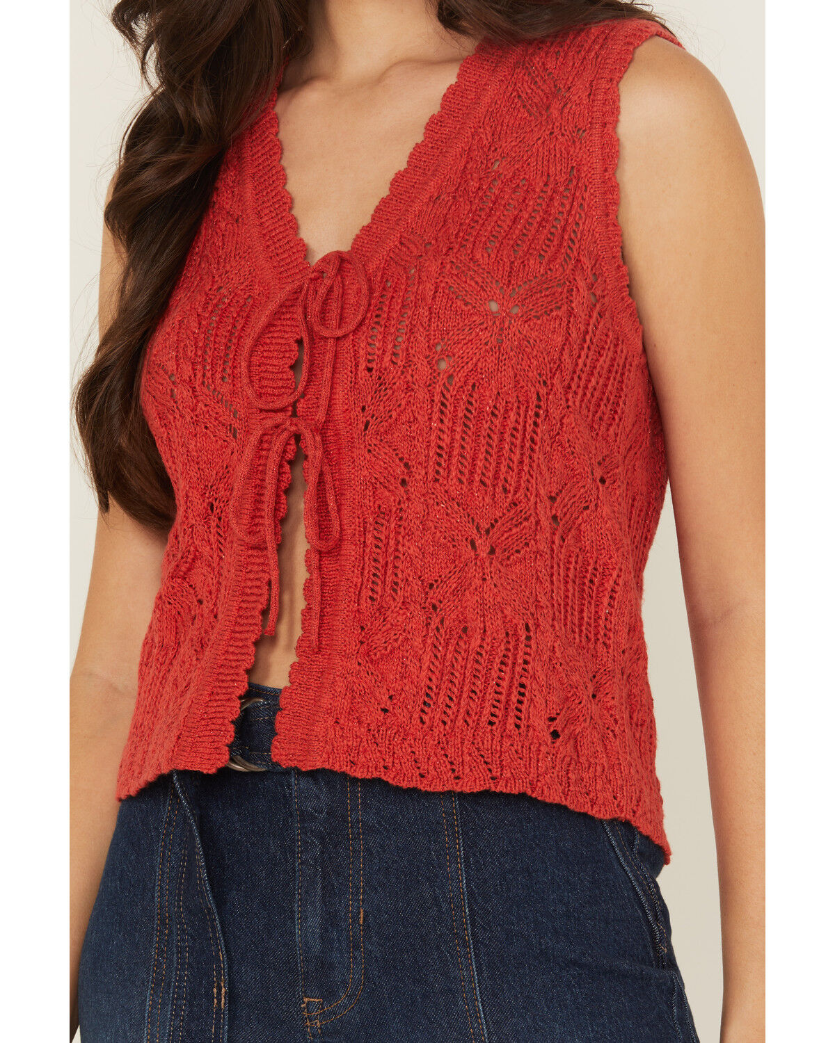 Image #3 - Shyanne Women's Tie-Front Crochet Sweater Vest, Red, hi-res