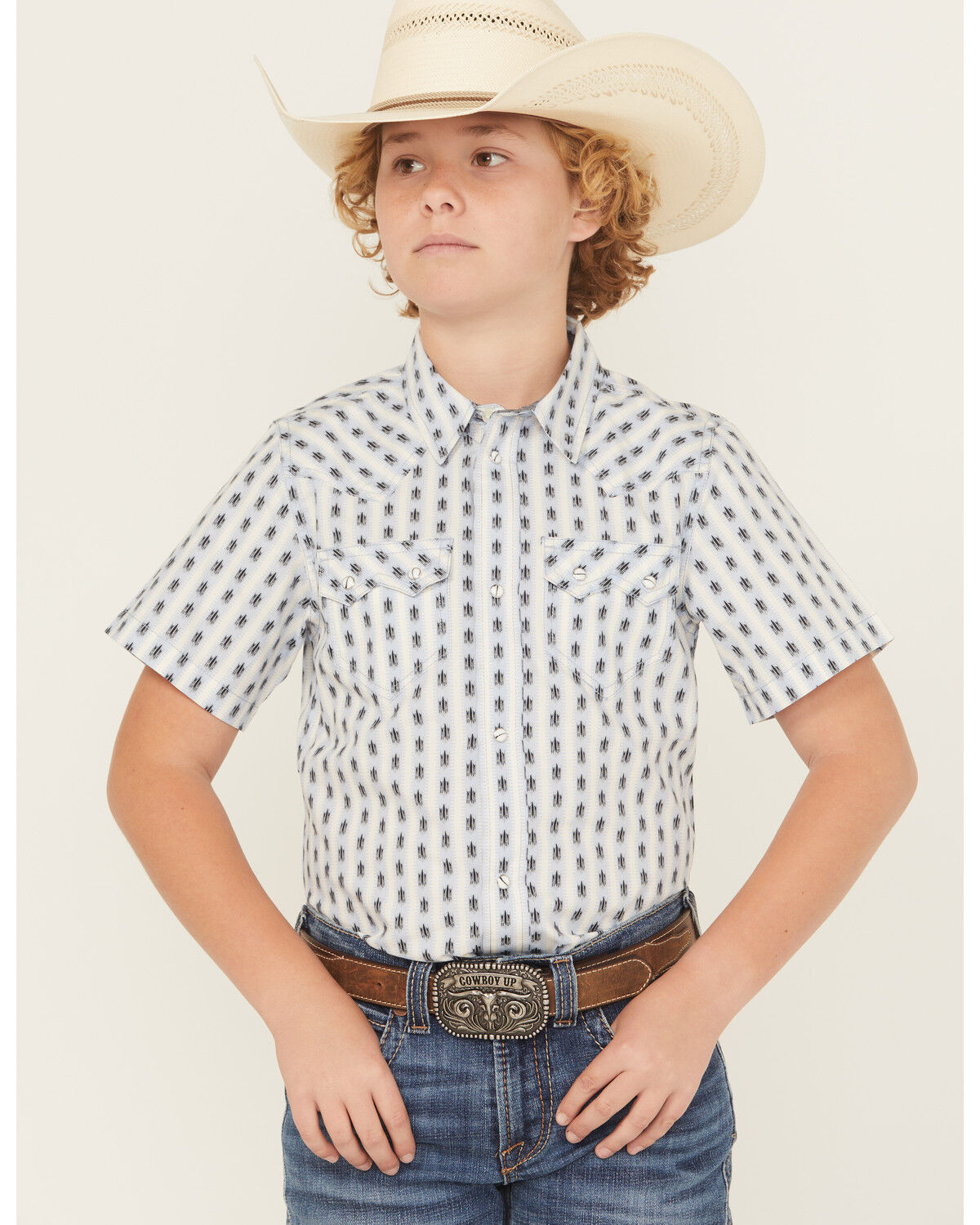 Image #1 - Cody James Boys' Outlaw Pass Striped Print Short Sleeve Snap Western Shirt, White, hi-res