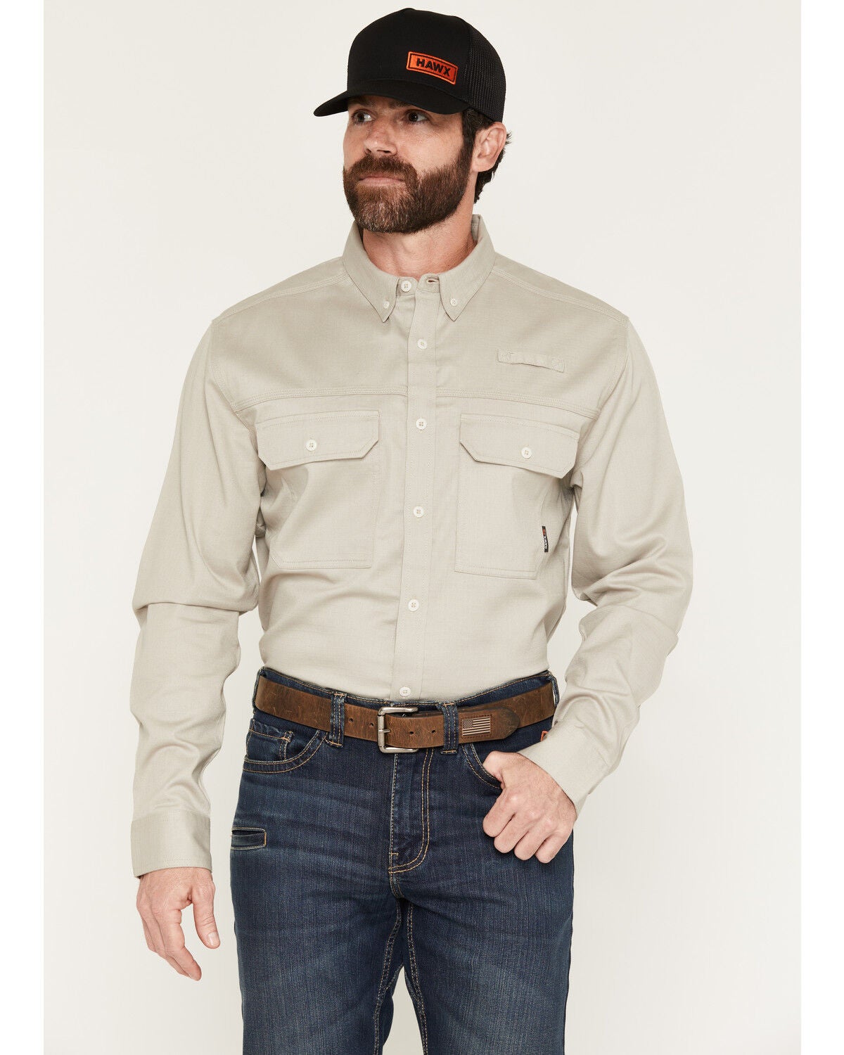Image #1 - Hawx Men's FR Langdon Solid Long Sleeve Button-Down Work Shirt, Tan, hi-res
