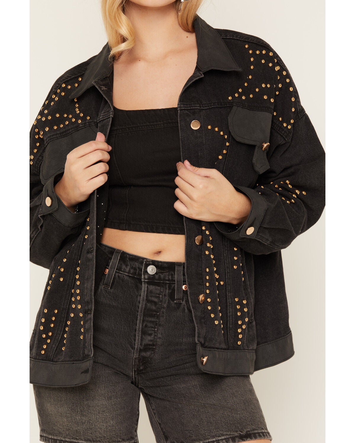 Image #3 - Azalea Wang Women's Studded Button-Down Denim Jacket, Black, hi-res
