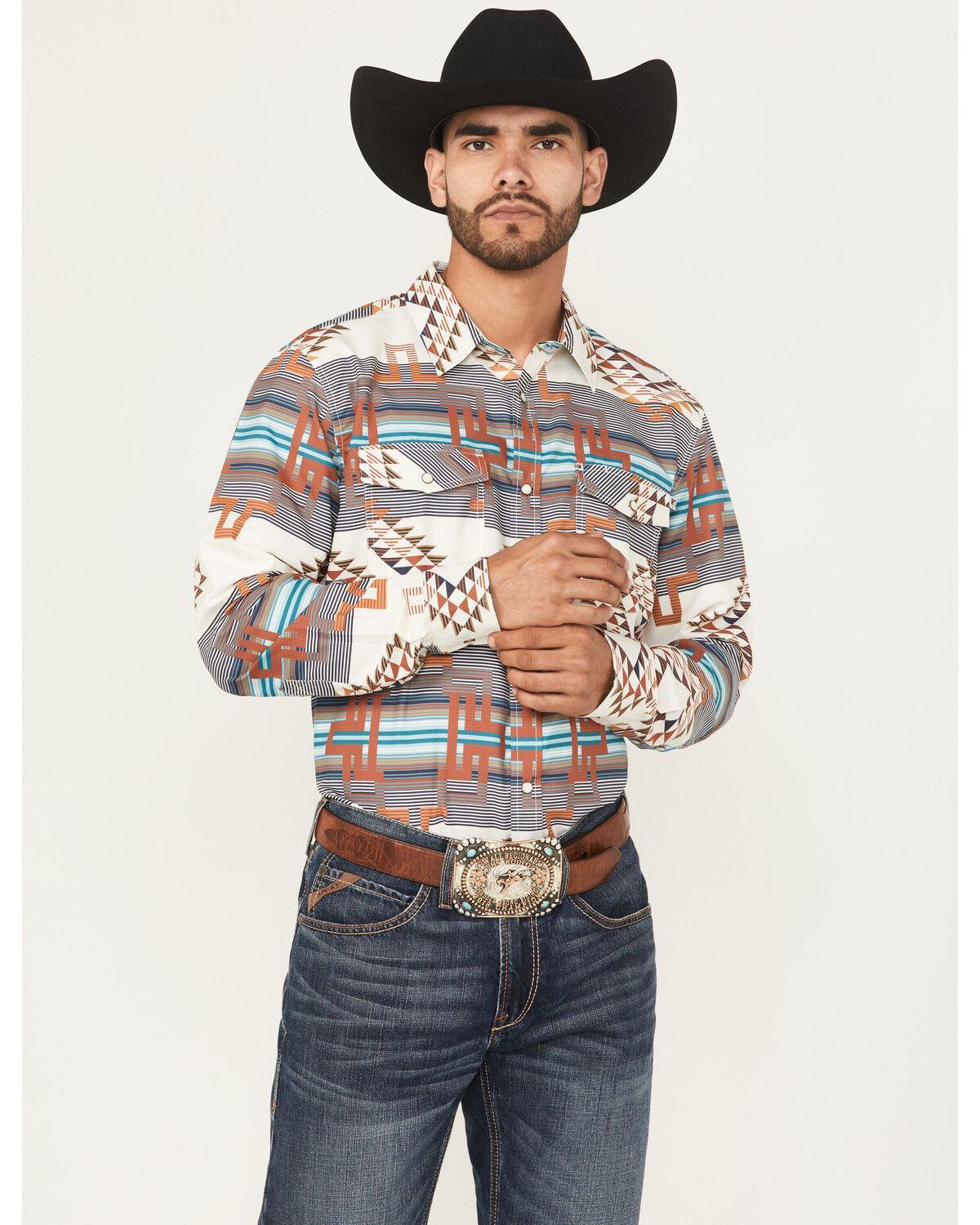 Image #1 - RANK 45® Men's Bodo Southwestern Print Long Sleeve Performance Western Shirt, Ivory, hi-res