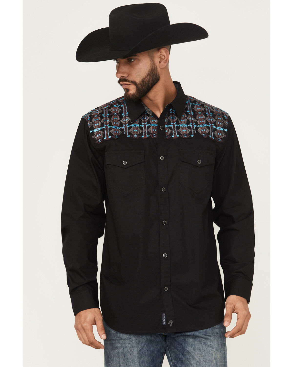 Image #1 - Moonshine Spirit Men's Instinct Embroidered Solid Long Sleeve Snap Western Shirt, Black, hi-res