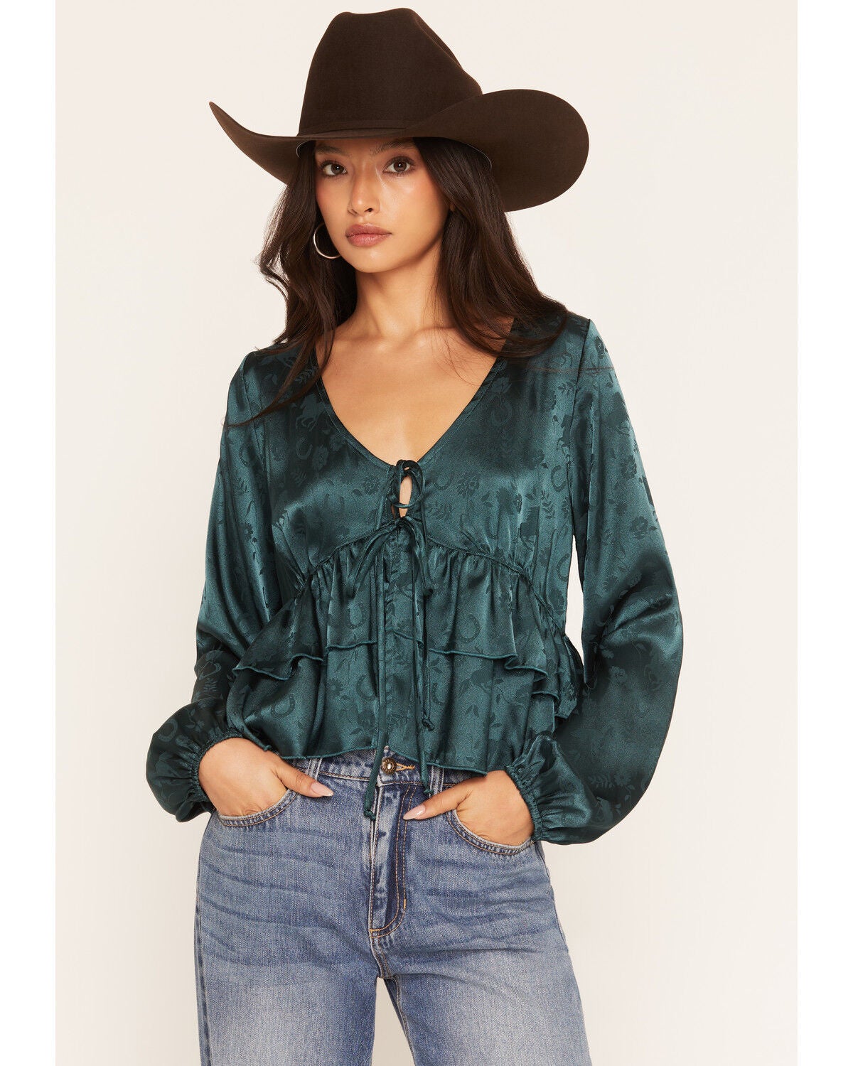 Wild Moss Women's Western Jacquard Front Tie Blouse, Blue, hi-res