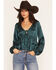 Image #1 - Wild Moss Women's Western Jacquard Front Tie Blouse, Blue, hi-res
