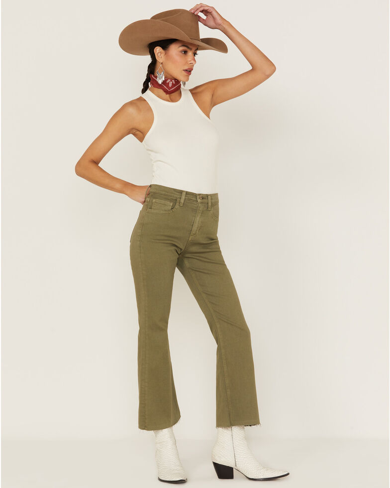 Sneak Peek Women's Olive High Rise Raw Hem Crop Jeans , Olive, hi-res