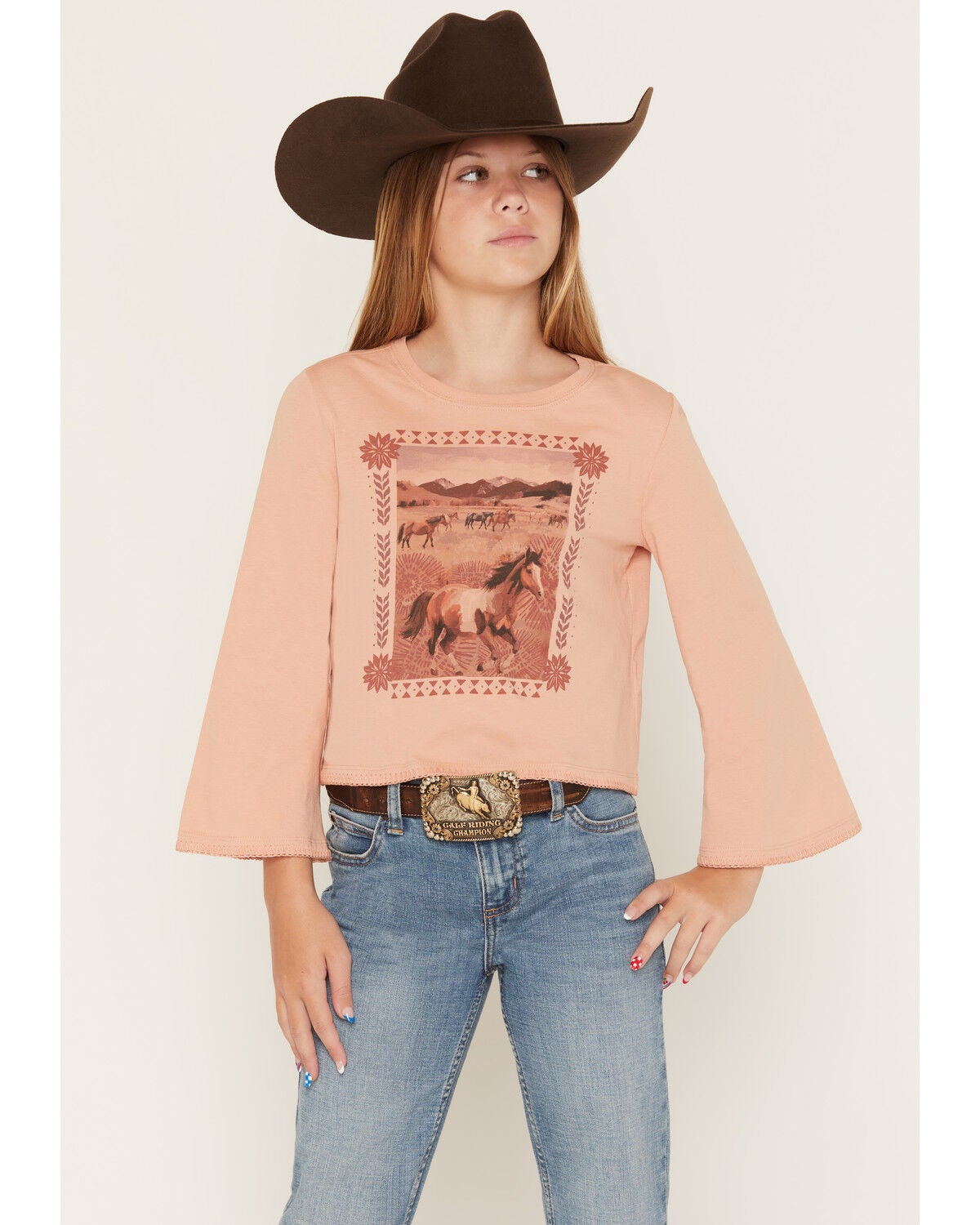 Shyanne Girls' Molly 3/4 Bell Sleeve Graphic Tee, Mauve, hi-res