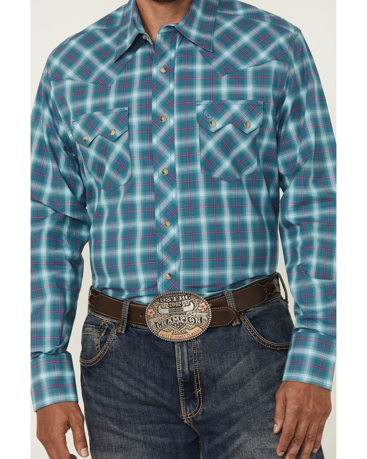 Image #3 - Wrangler Retro Men's Plaid Print Long Sleeve Snap Western Shirt, Turquoise, hi-res