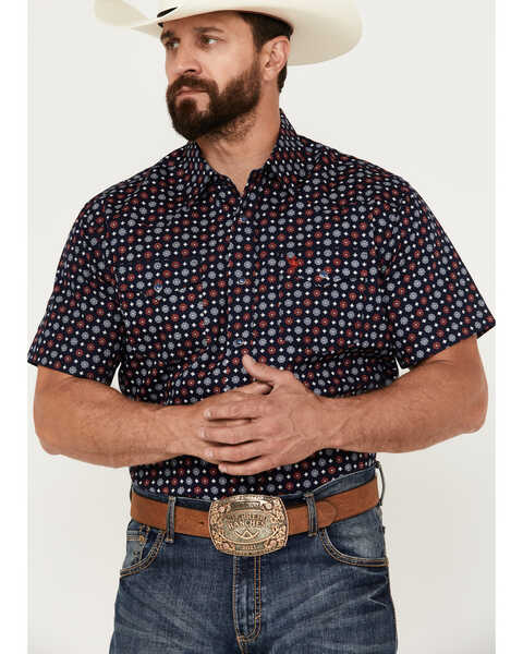 Rodeo Clothing Men's Medallion Print Short Sleeve Snap Western Shirt, Navy, hi-res