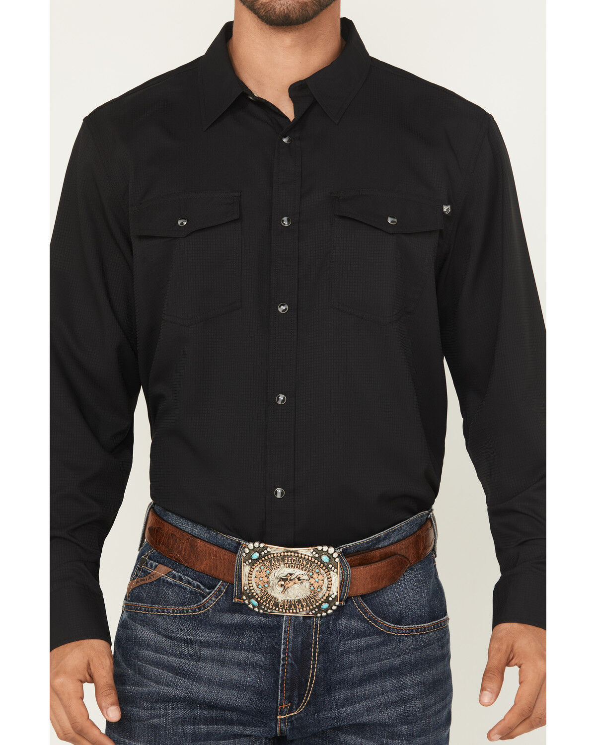 Image #3 - RANK 45® Men's Remming Solid Long Sleeve Snap Performance Western Shirt, Black, hi-res