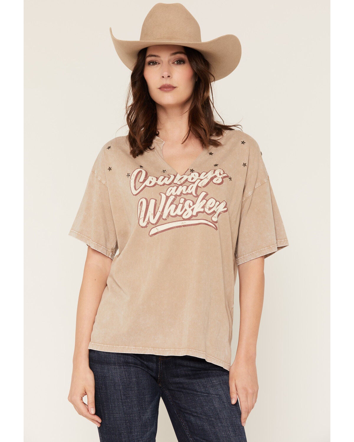 Rock & Roll Denim Women's Cowboys and Whiskey Short Sleeve Graphic Tee, Brown, hi-res