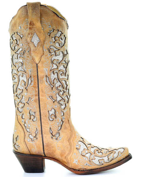 Corral Women's Glitter Floral Inlay Western Boots - Snip Toe, Beige/khaki, hi-res