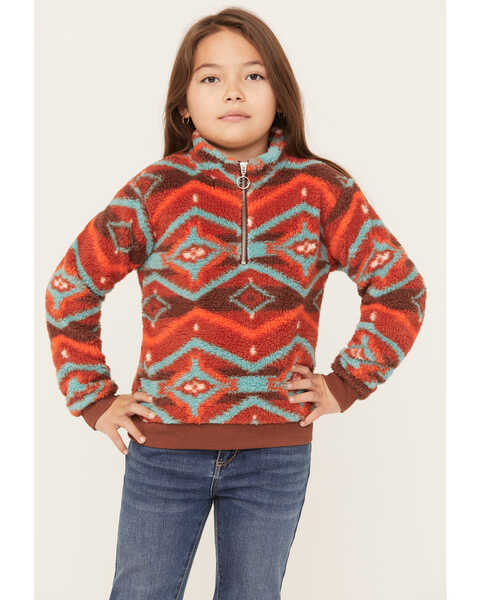 Rock & Roll Denim Girls' Southwestern Print Sherpa Quarter-Zip Pullover, Red, hi-res