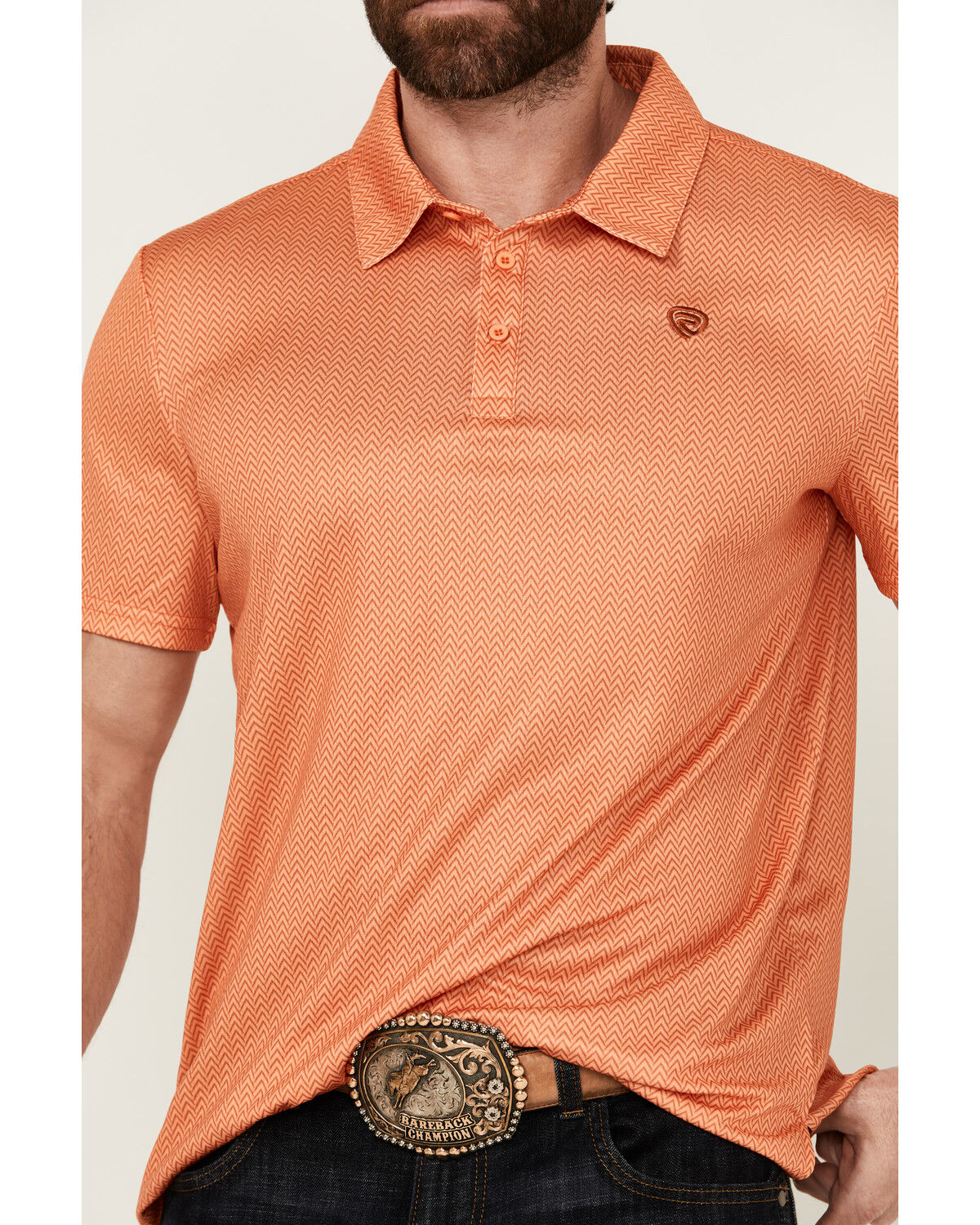 Image #3 - Rock & Roll Denim Men's Geo Print Short Sleeve Stretch Polo Shirt, Orange, hi-res