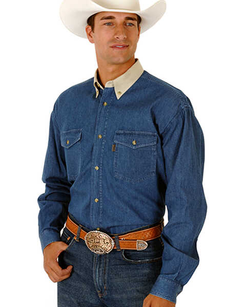 Image #1 - Roper Men's Contrasting Collar Twill Long Sleeve Western Shirt - Big & Tall, Denim, hi-res
