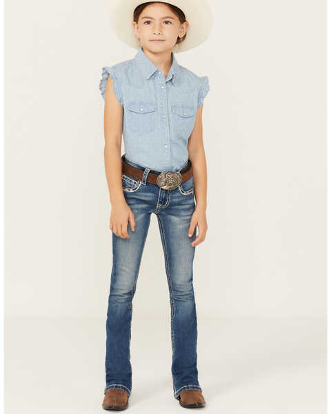 Image #1 - Shyanne Little Girls' Americana Horseshoe Pocket Stretch Bootcut Jeans , Blue, hi-res