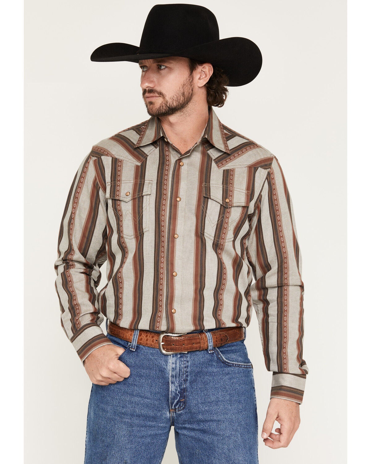 Image #1 - Wrangler Retro Men's Striped Print Long Sleeve Snap Western Shirt, Rust Copper, hi-res