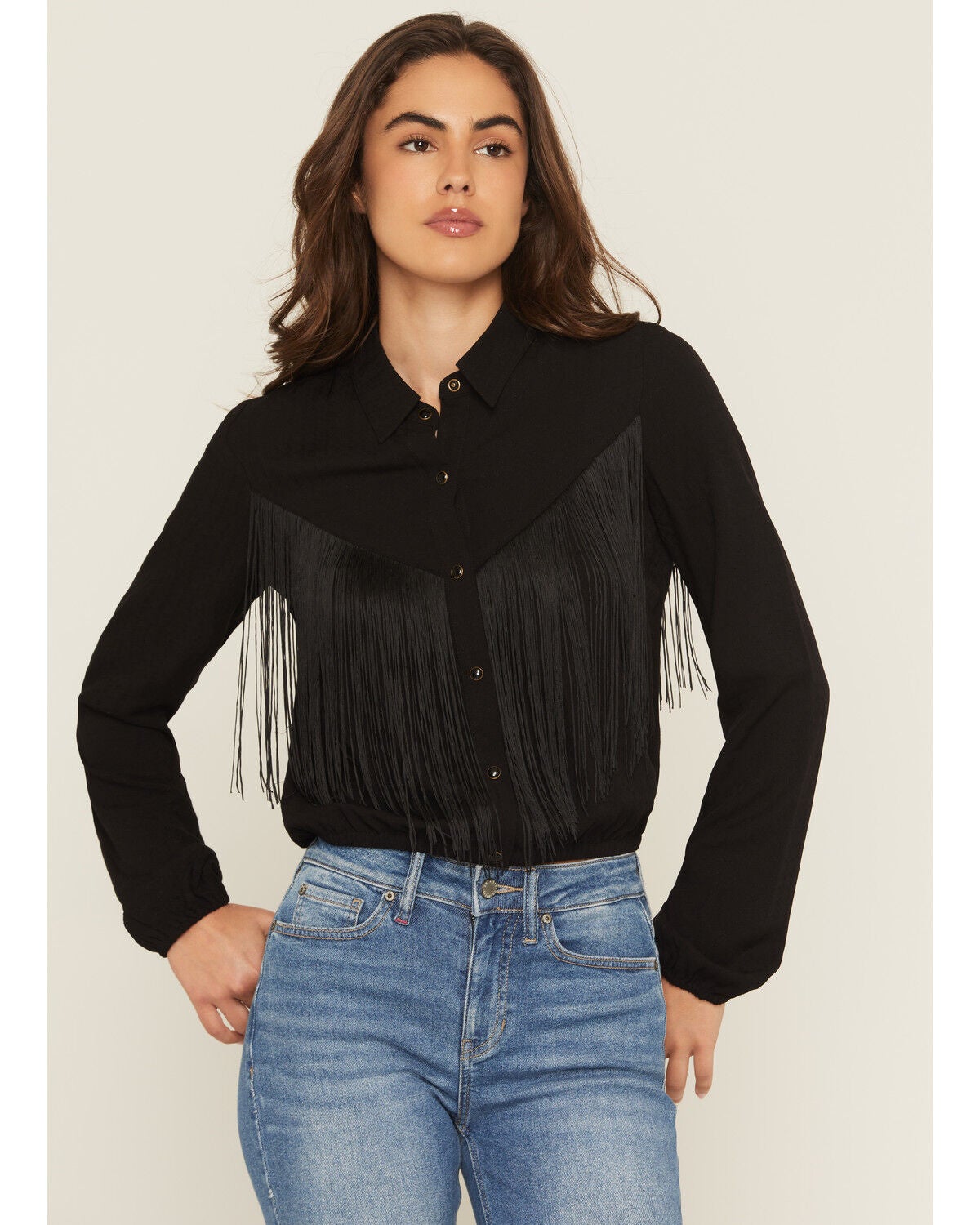 Idyllwind Women's Richfield Fringe Long Sleeve Snap Western Shirt, Black, hi-res