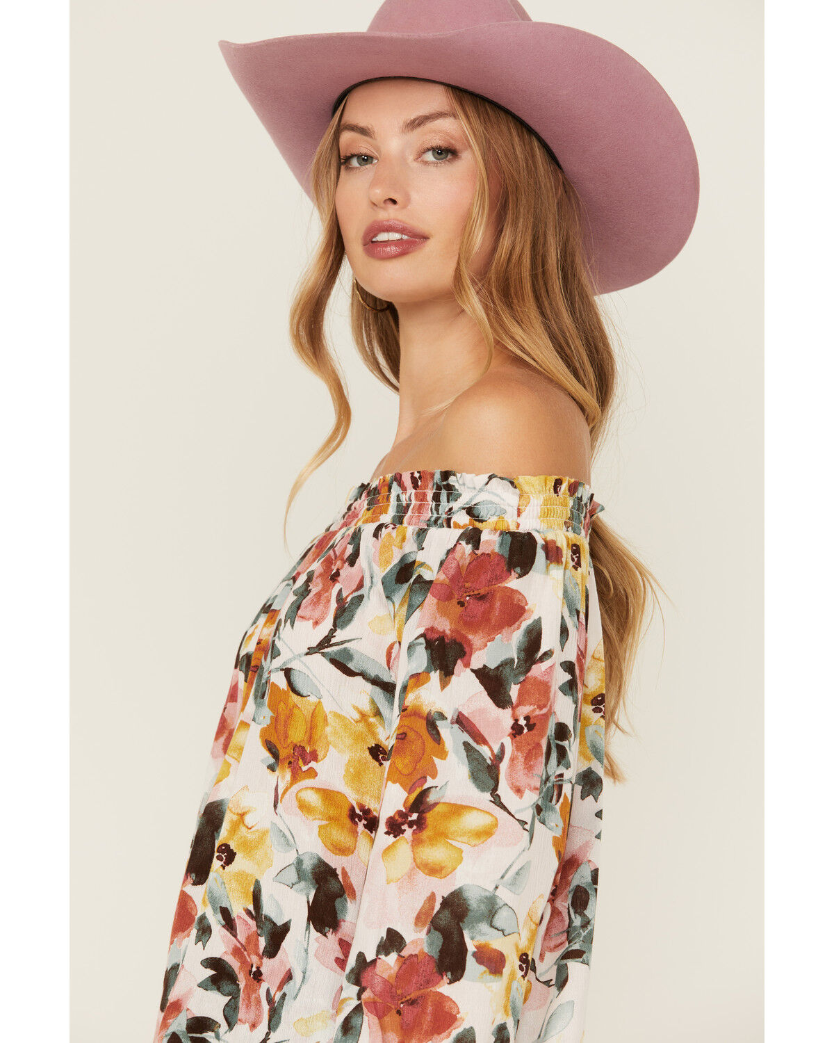 Image #1 - Wild Moss Women's Floral Print Long Sleeve Off The Shoulder Shirt, Multi, hi-res