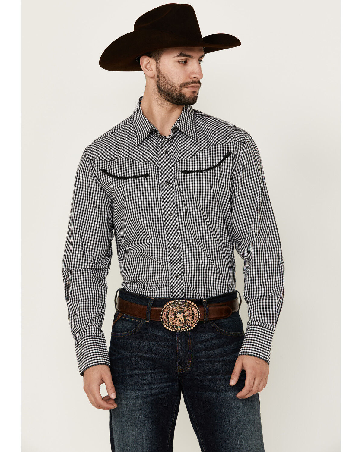 Image #1 - Wrangler Men's Rodeo Checkered Print Long Sleeve Snap Western Shirt, Black, hi-res