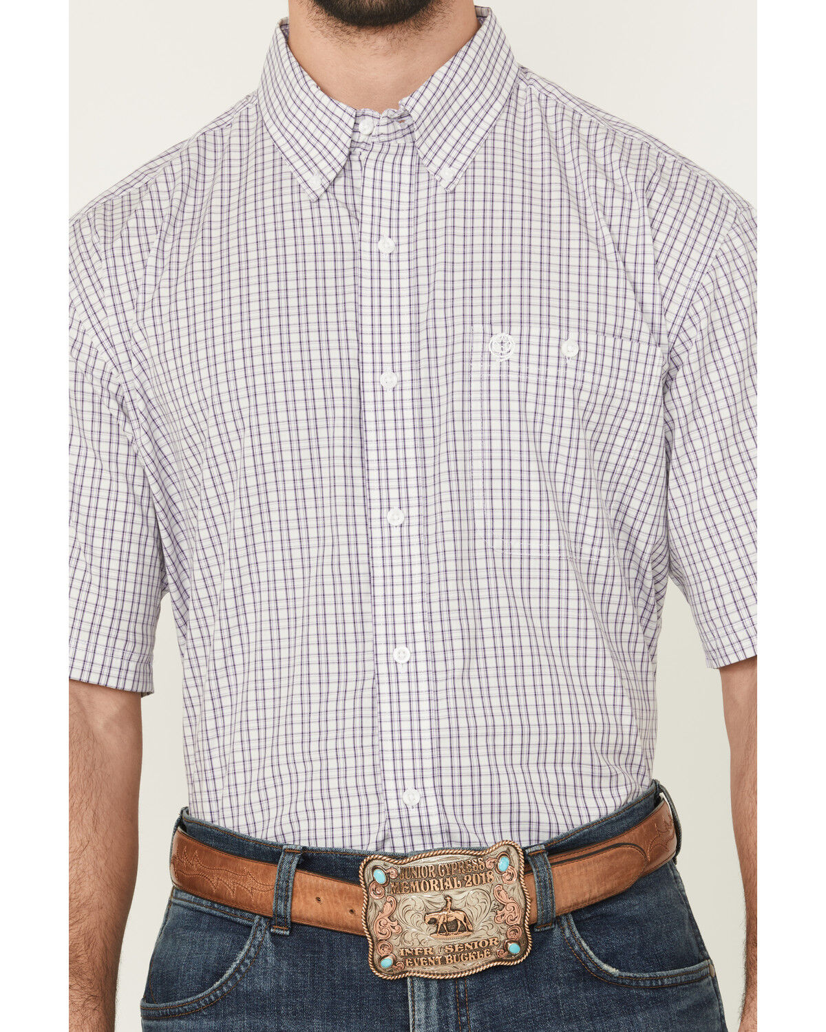 Image #3 - George Strait by Wrangler Men's Plaid Print Short Sleeve Button-Down Stretch Western Shirt - Tall, Purple, hi-res