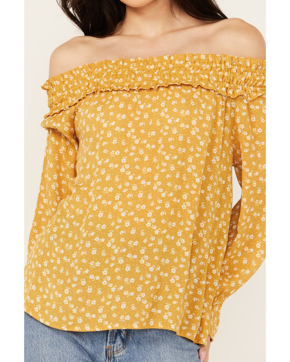Image #3 - Wild Moss Women's Ditzy Floral Print Long Sleeve Off The Shoulder Shirt, Mustard, hi-res