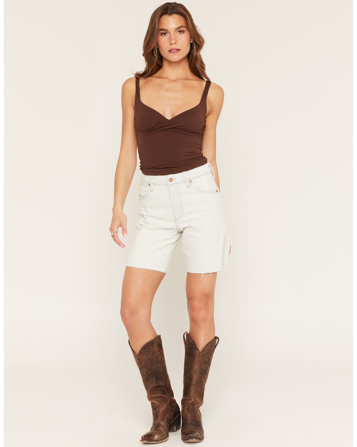 Image #1 - Wrangler Women's Light Wash High Rise Longline Stretch Denim Shorts, Light Wash, hi-res