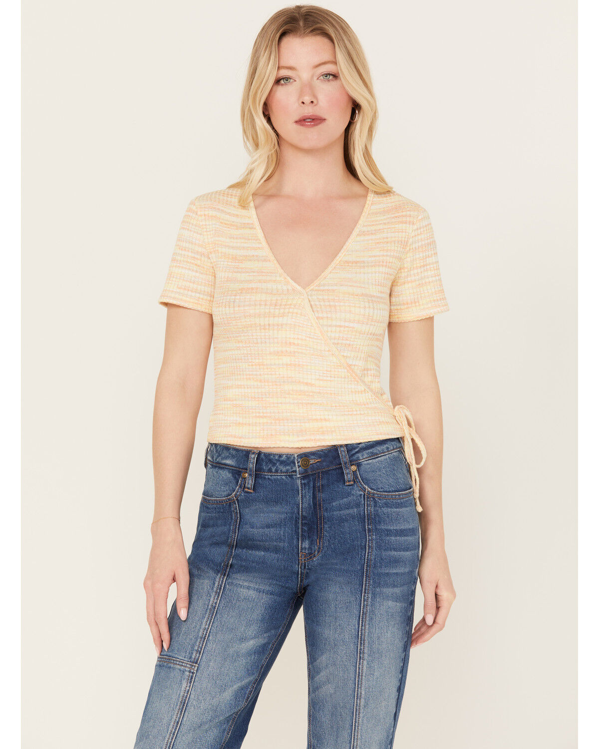 Image #1 - Wild Moss Women's Space Dye Faux Wrap Top, Yellow, hi-res