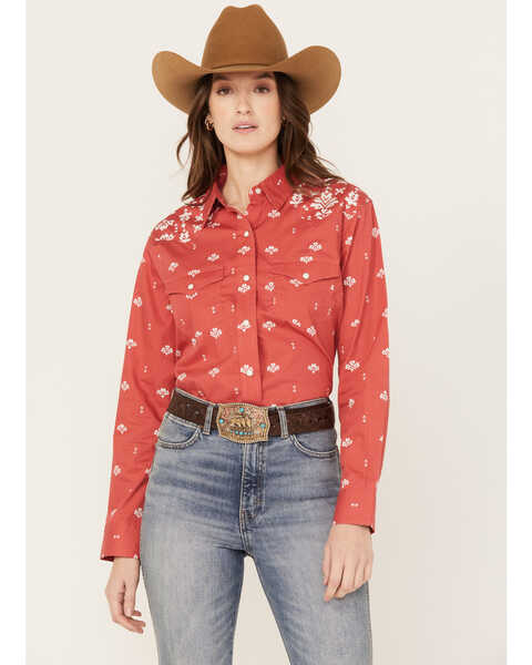 Image #1 - Wrangler Women's Southwestern Print Long Sleeve Western Pearl Snap Shirt, Red, hi-res